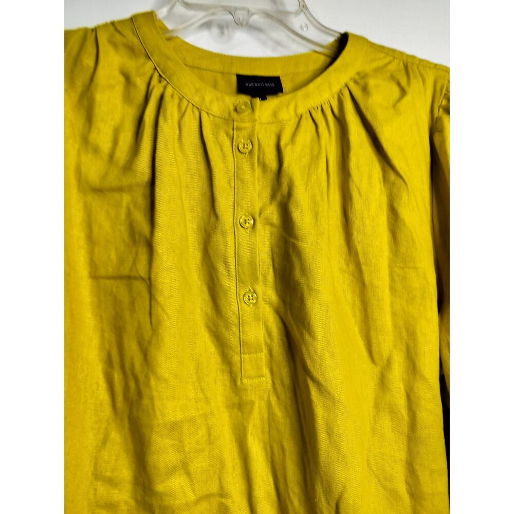 5578)Who What Wear L Chartreuse Yellow Peasant Linen Blend Button Front Blouse - Picture 6 of 8
